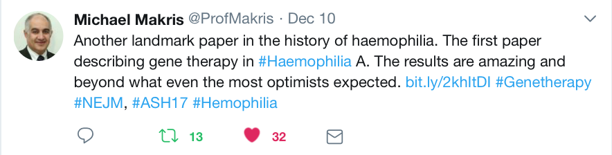 Image of Professor Michael Makris' tweet about the gene therapy paper for haemophilia A published on 10th December 2017